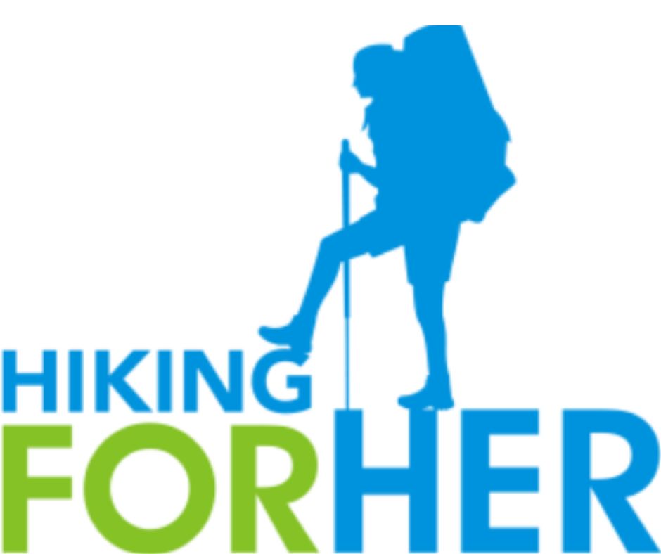 Hiking For Her logo with words and graphic of blue female backpacker with backpack and hiking pole